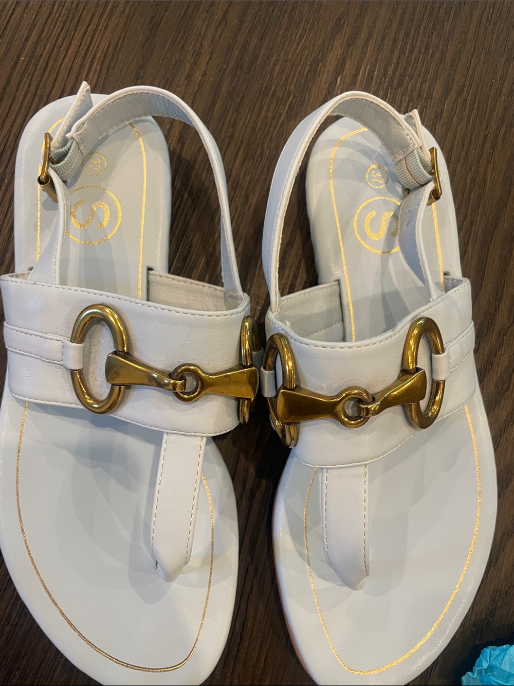 White Leather Thong Sandals with Gold Bit Detail